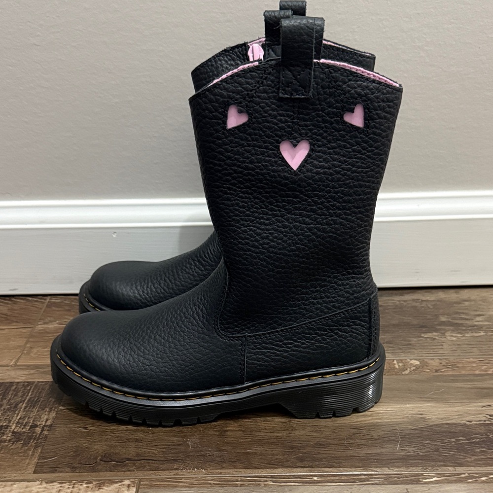 Dr. Martens Kids Black Boots with Pink Heart Cutouts